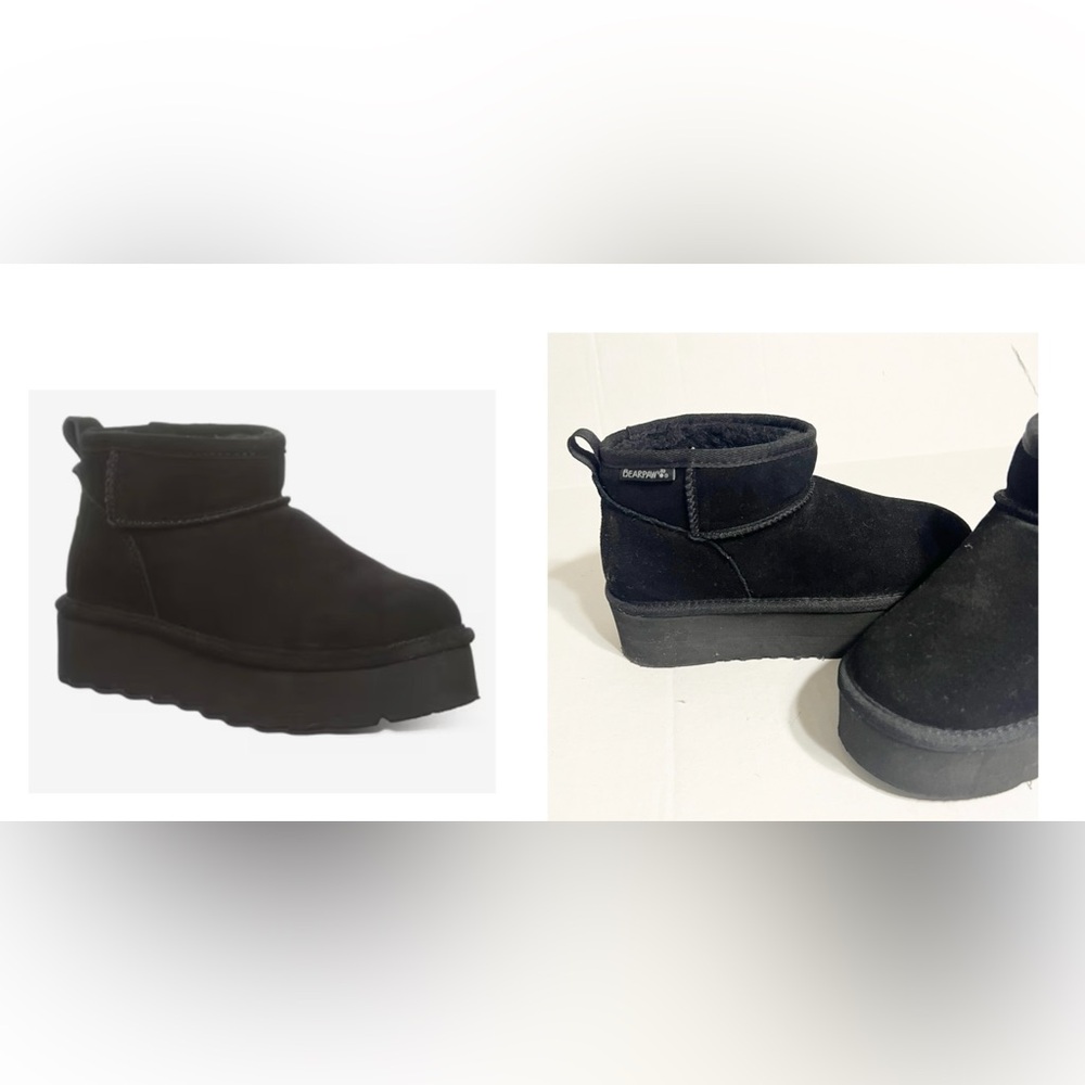 BearPaw Retro Shorty Bootie Black Shearling Lined Boots Round toe wool blend